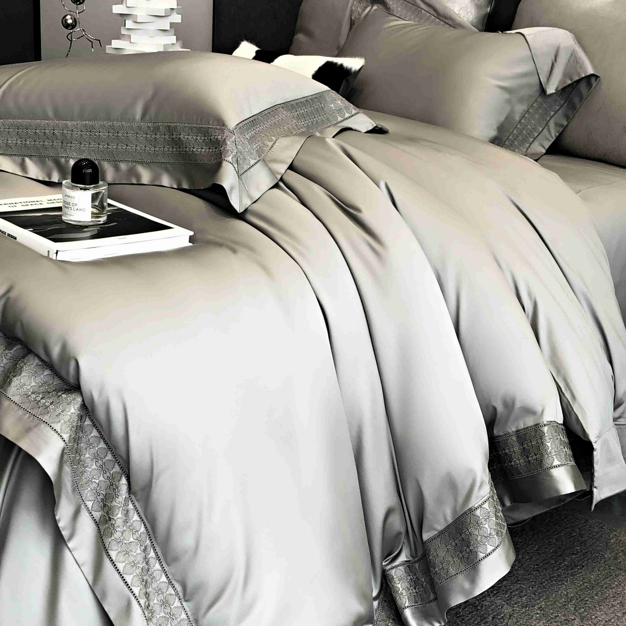 91家纺网 家纺一手货源 找家纺 涞澳家纺 2025新款60S天丝棉花边款四件套-星雅 星雅-大理石灰