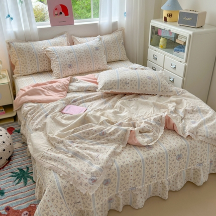 2025新款小清新全棉花边水洗棉夏凉被四件套 小樱桃