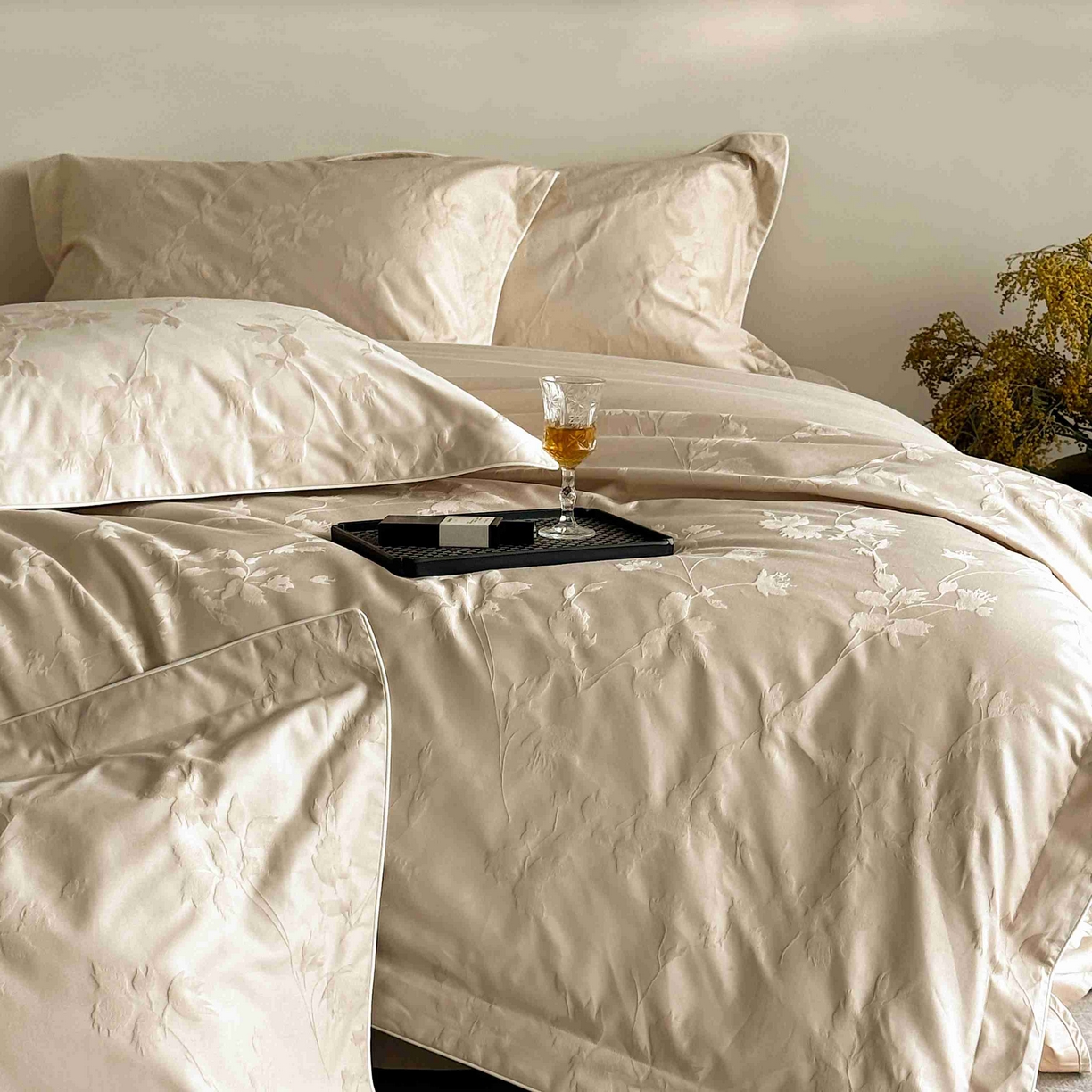 91家纺网 家纺一手货源 找家纺 涞澳家纺 2025新款全棉提花四件套 碧玉-小麦色