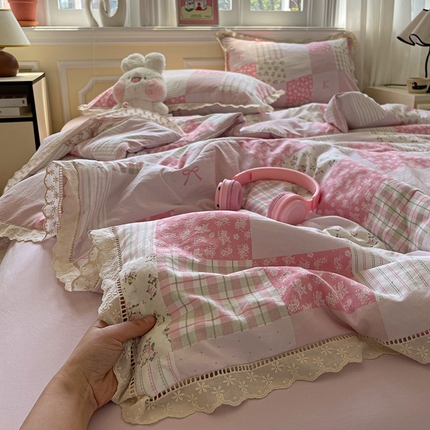 水墨江南 2025新款全棉镂空花边夏被四件套 百福-粉