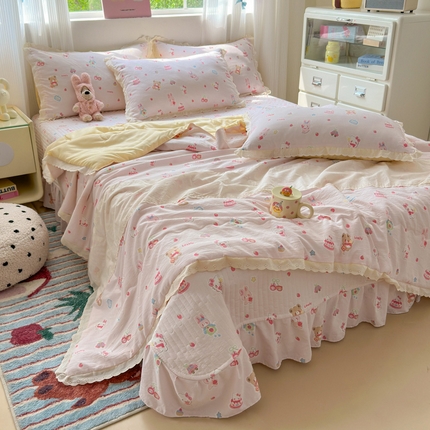 （总）2025新款小清新全棉花边水洗棉夏凉被四件套
