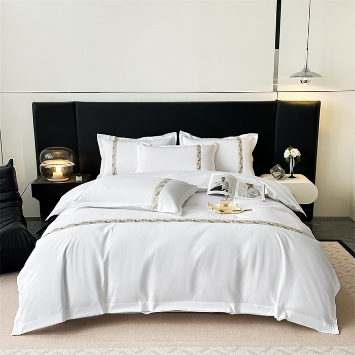 91家纺网 家纺一手货源 找家纺 梦庭帛美 2025新款宾馆刺绣四件套 山川-金