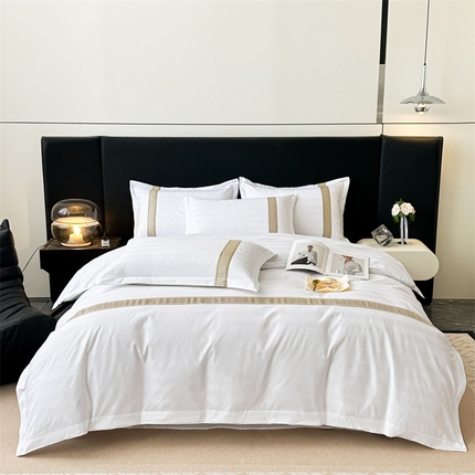 梦庭帛美 2025新款段条刺绣飞边款四件套 古巴-金