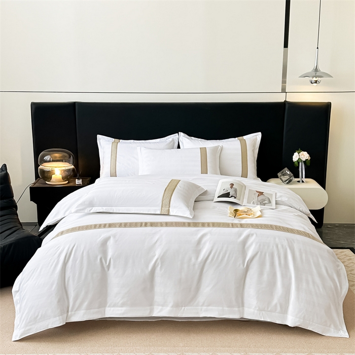 91家纺网 家纺一手货源 找家纺 梦庭帛美 2025新款段条刺绣飞边款四件套 古巴-金