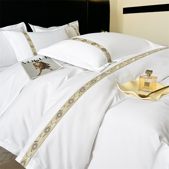 91家纺网 家纺一手货源 找家纺 梦庭帛美 2025新款宾馆刺绣四件套 梅花-卡其