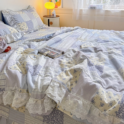 富米莱（原臻工厂） 2025新款云感亲肤棉床盖床裙夏凉被四件套-全棉双层花边 相思蓝