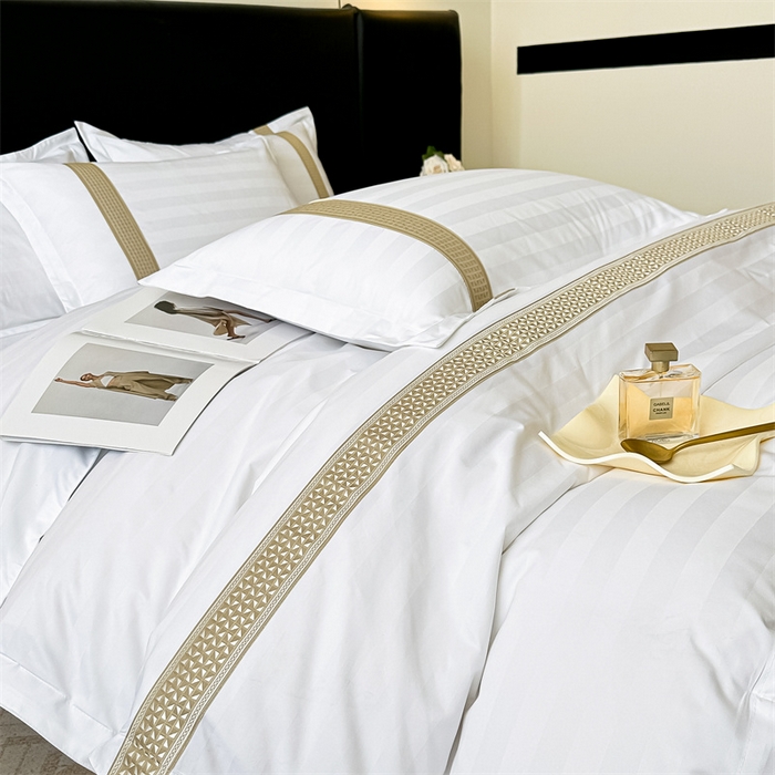 91家纺网 家纺一手货源 找家纺 梦庭帛美 2025新款段条刺绣飞边款四件套 古巴-金