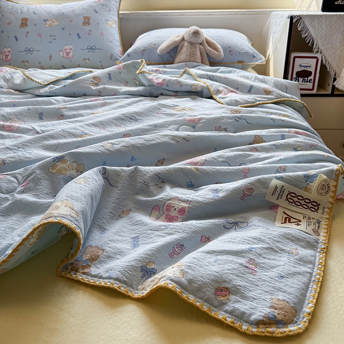 91家纺网 家纺一手货源 找家纺 星巴k家纺 2025新款春夏云感双层纱A类母婴级三角针夏被贝壳边夏凉被贝壳绣【可提供买家秀】 贝壳绣-小猫时光