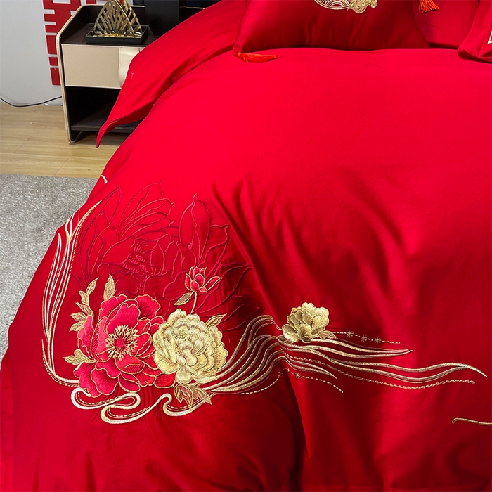 91家纺网 家纺一手货源 找家纺 张公子婚庆馆2025新款长绒棉新中式精美刺绣婚庆四件套（控价不低于328）