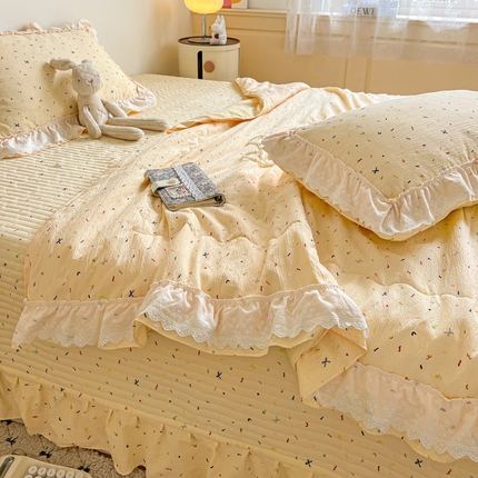 91家纺网 家纺一手货源 找家纺 （总）富米莱（原臻工厂） 2025新款云感亲肤棉床盖床裙夏凉被四件套-全棉双层花边