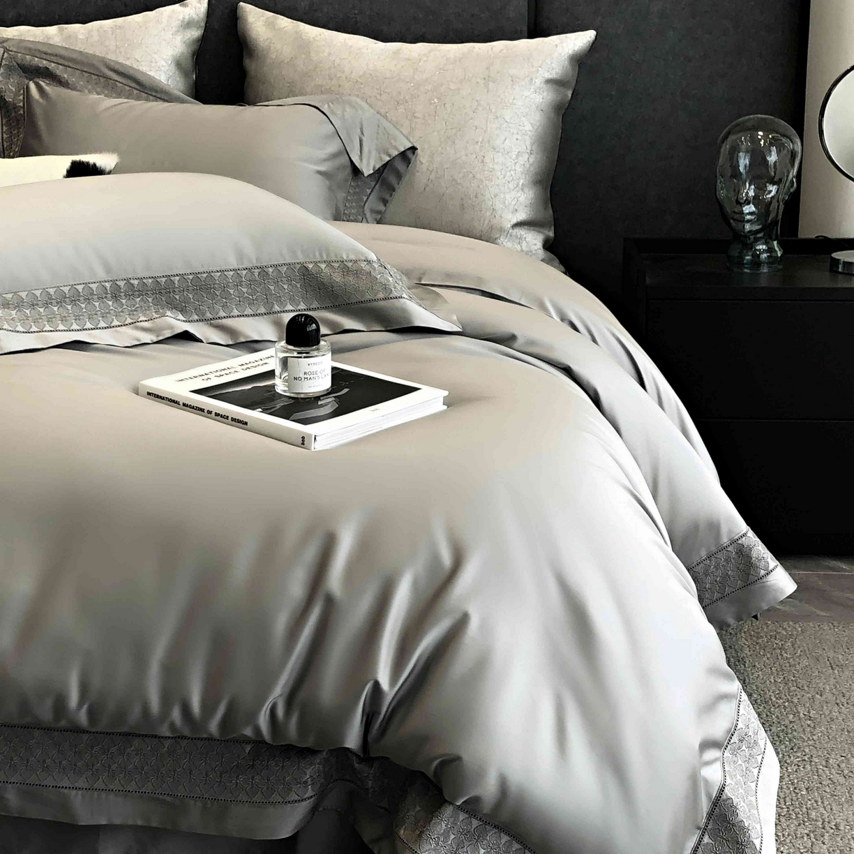 91家纺网 家纺一手货源 找家纺 涞澳家纺 2025新款60S天丝棉花边款四件套-星雅 星雅-大理石灰