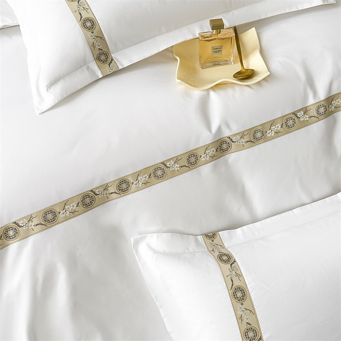 91家纺网 家纺一手货源 找家纺 梦庭帛美 2025新款宾馆刺绣四件套 梅花-卡其