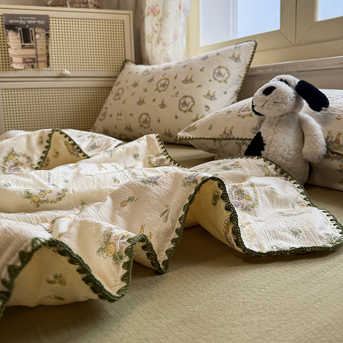 91家纺网 家纺一手货源 找家纺 星巴k家纺 2025新款春夏云感双层纱A类母婴级三角针夏被贝壳边夏凉被贝壳绣【可提供买家秀】 贝壳绣-兔子欢喜