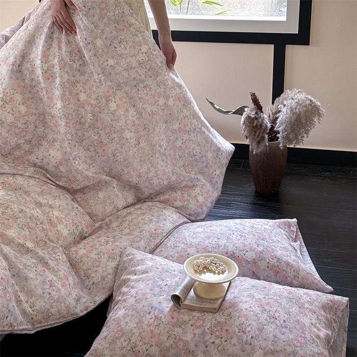 91家纺网 家纺一手货源 找家纺 窝米 2025春季新品全棉双层纱油画风花卉四件套系列（梦境花园、花研巧语） 梦境花园紫