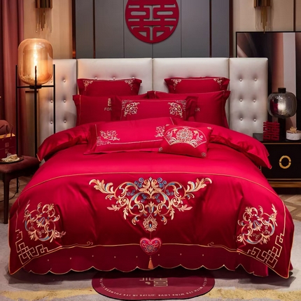 91家纺网 家纺一手货源 找家纺 （总）尹黛尔 2023新款婚庆四件套大红色刺绣可配多件套