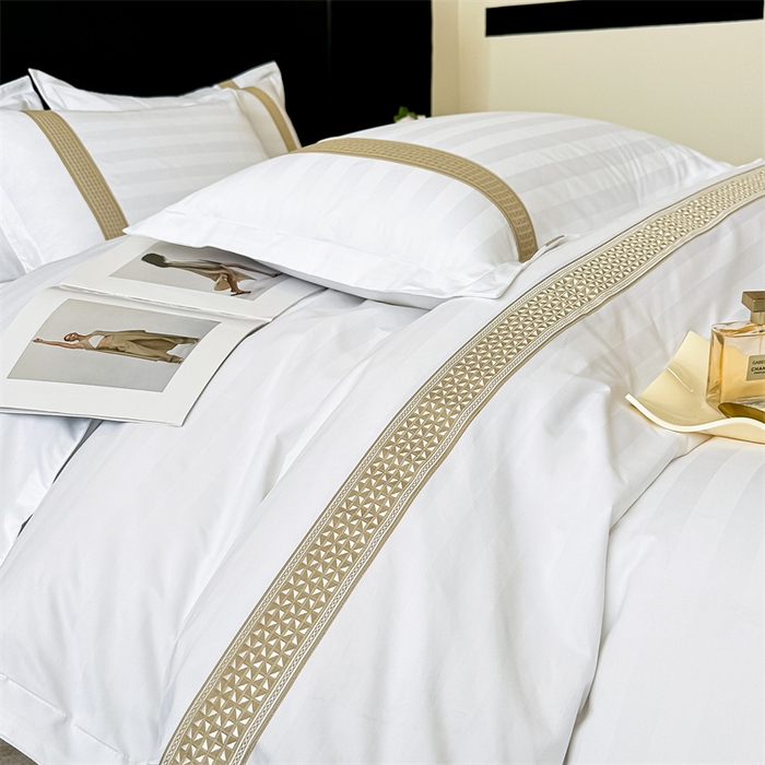 91家纺网 家纺一手货源 找家纺 梦庭帛美 2025新款段条刺绣飞边款四件套 古巴-金