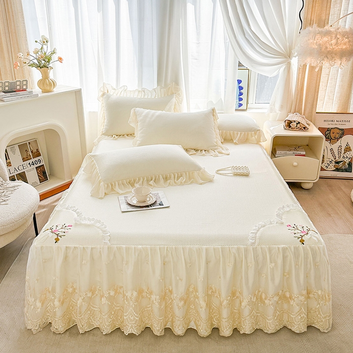 91家纺网 家纺一手货源 找家纺 （总）好儿喜家纺 2025新款春意浓系列凉席床裙冰丝席床罩凉席韩式凉感豆豆凉席床盖