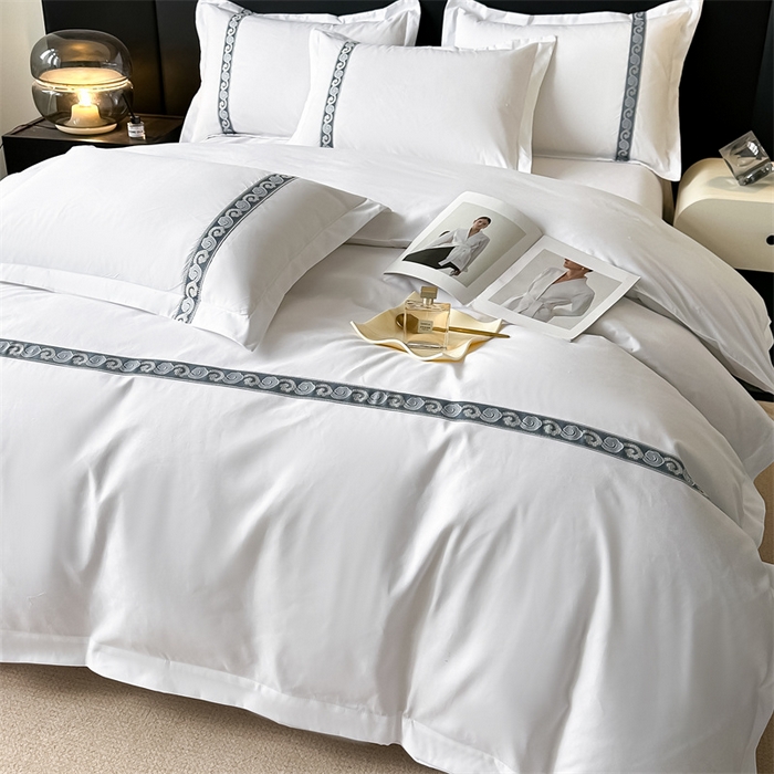 91家纺网 家纺一手货源 找家纺 梦庭帛美 2025新款宾馆刺绣四件套 祥云-藏蓝