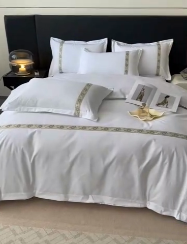 91家纺网 家纺一手货源 找家纺 梦庭帛美 2025新款宾馆刺绣四件套 梅花-卡其