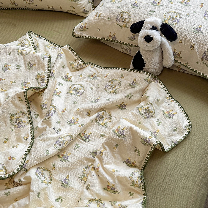 91家纺网 家纺一手货源 找家纺 星巴k家纺 2025新款春夏云感双层纱A类母婴级三角针夏被贝壳边夏凉被贝壳绣【可提供买家秀】 贝壳绣-兔子欢喜