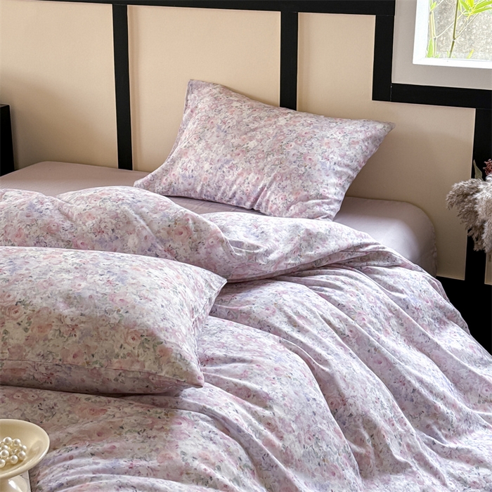 91家纺网 家纺一手货源 找家纺 窝米 2025春季新品全棉双层纱油画风花卉四件套系列（梦境花园、花研巧语） 梦境花园紫