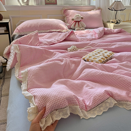 水墨江南 2025新款全棉镂空花边夏被四件套 小粉格