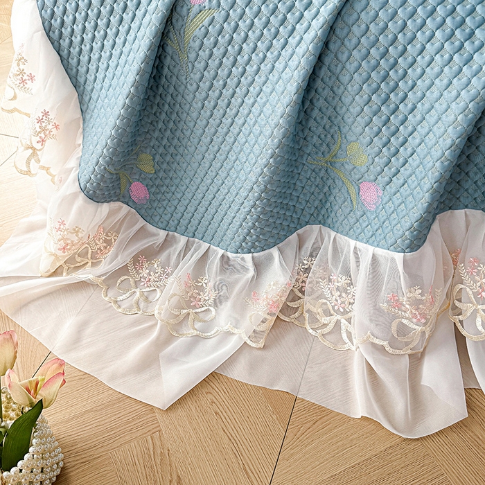 91家纺网 家纺一手货源 找家纺 提花大世界 2025新款A类PE乙纶冰丝凉感三色织550克冰豆豆凉席床裙软凉席 郁金香—PE蓝