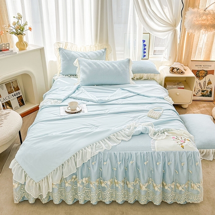 91家纺网 家纺一手货源 找家纺 （总）好儿喜家纺 2025新款春意浓系列凉席床裙冰丝席床罩凉席韩式凉感豆豆凉席床盖