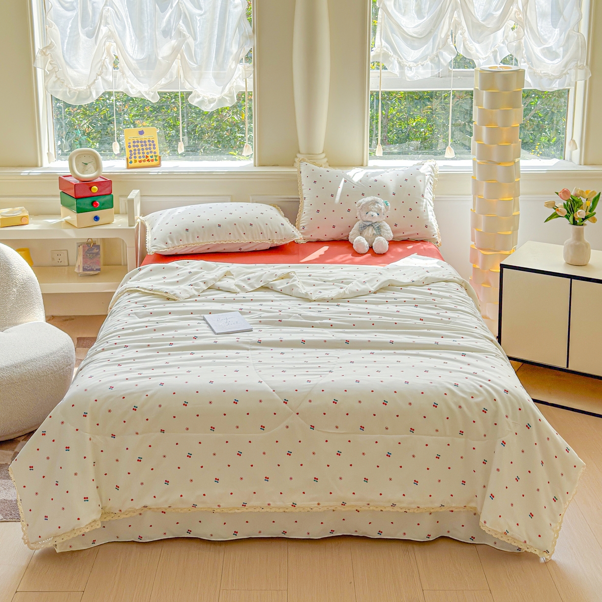 91家纺网 家纺一手货源 找家纺 可思家纺 2025新款针织棉双层纱夏被 小樱桃