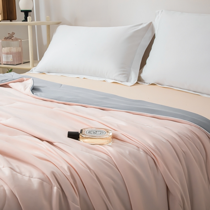 91家纺网 家纺一手货源 找家纺 凌云家纺 2025新款100%锦伦冰丝夏被空调被 粉灰