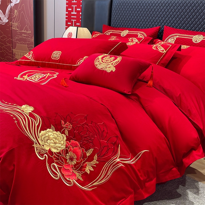 91家纺网 家纺一手货源 找家纺 张公子婚庆馆2025新款长绒棉新中式精美刺绣婚庆四件套（控价不低于328）