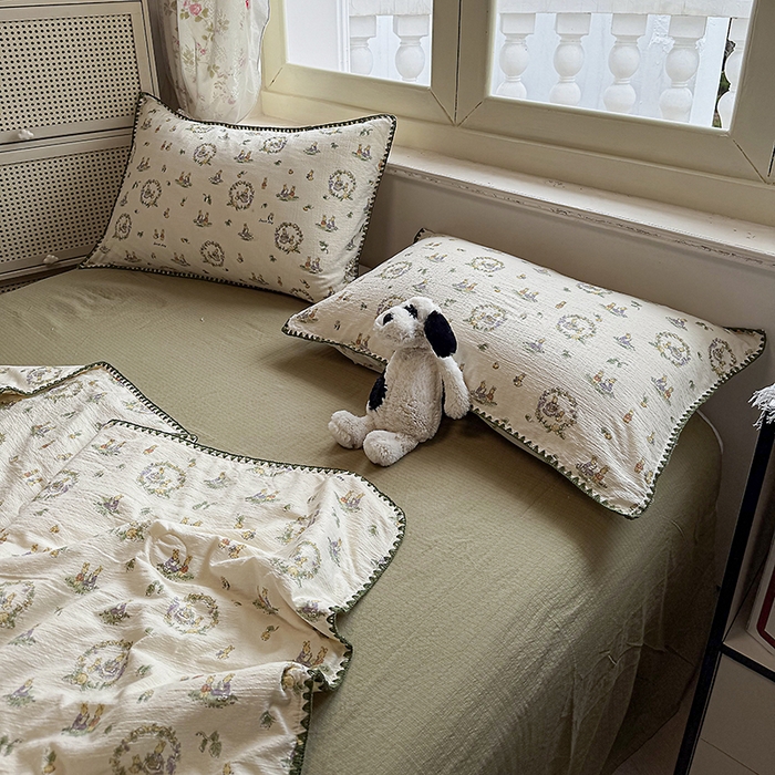 91家纺网 家纺一手货源 找家纺 星巴k家纺 2025新款春夏云感双层纱A类母婴级三角针夏被贝壳边夏凉被贝壳绣【可提供买家秀】 贝壳绣-兔子欢喜