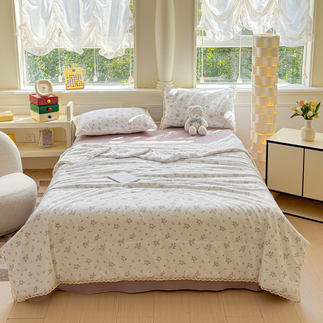 91家纺网 家纺一手货源 找家纺 可思家纺 2025新款针织棉双层纱夏被 花束紫