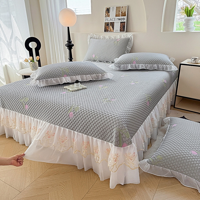 91家纺网 家纺一手货源 找家纺 提花大世界 2025新款A类PE乙纶冰丝凉感三色织550克冰豆豆凉席床裙软凉席 郁金香—PE灰