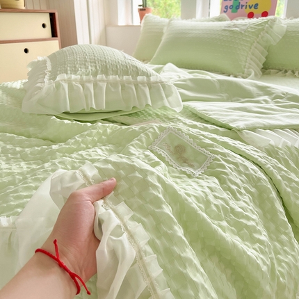 2025新款韩版公主风字母格泡泡纱夏凉被四件套 泡泡纱-绿色