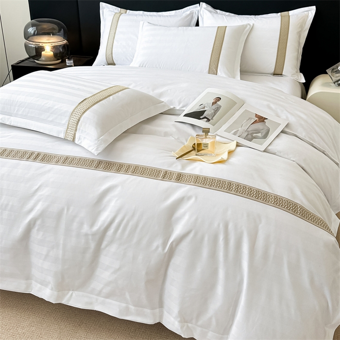 91家纺网 家纺一手货源 找家纺 梦庭帛美 2025新款段条刺绣飞边款四件套 古巴-金