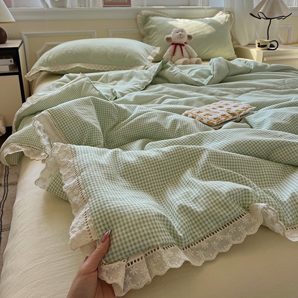 水墨江南 2025新款全棉镂空花边夏被四件套 小绿格