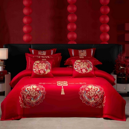 91家纺网 家纺一手货源 找家纺 （总）尹黛尔 2023新款婚庆四件套大红色刺绣可配多件套