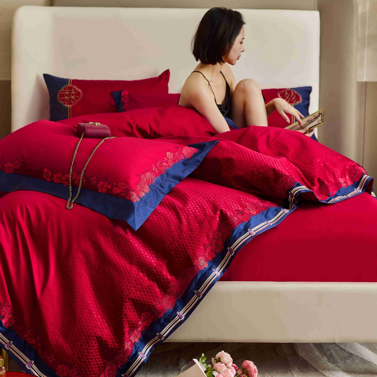 91家纺网 家纺一手货源 找家纺 涞澳家纺 2025新款婚庆款四件套 喜悦花嫁