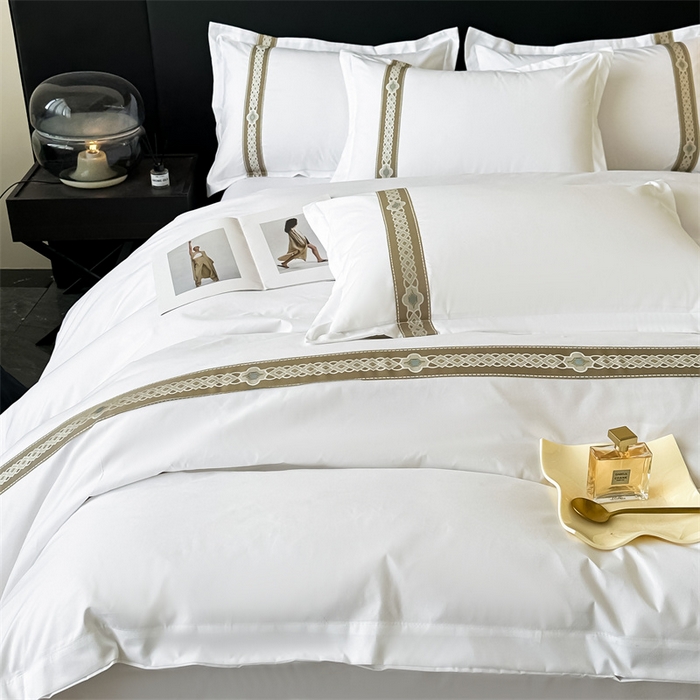 91家纺网 家纺一手货源 找家纺 梦庭帛美 2025新款宾馆刺绣四件套 吉祥-卡其