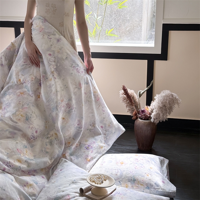 91家纺网 家纺一手货源 找家纺 窝米 2025春季新品全棉双层纱油画风花卉四件套系列（梦境花园、花研巧语） 熙春