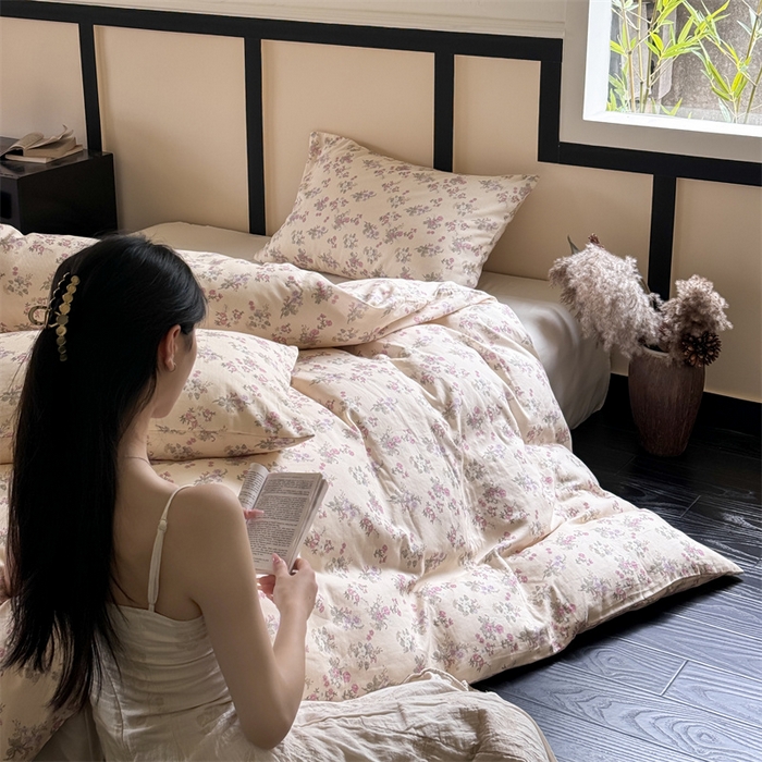 91家纺网 家纺一手货源 找家纺 窝米 2025春季新品全棉双层纱油画风花卉四件套系列（梦境花园、花研巧语） 花研巧语