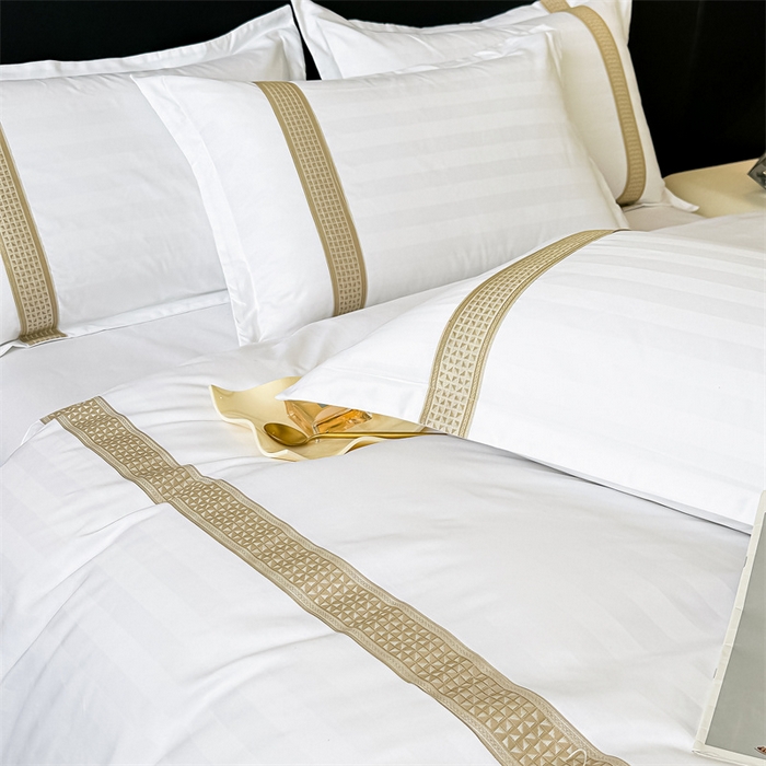 91家纺网 家纺一手货源 找家纺 梦庭帛美 2025新款段条刺绣飞边款四件套 古巴-金