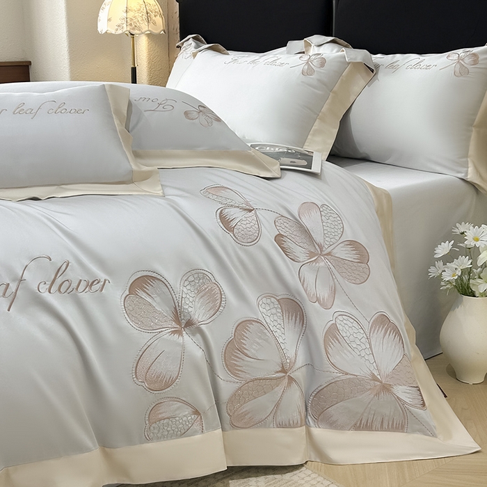 91家纺网 家纺一手货源 找家纺 【直播爆款】A类全棉四件套纯棉轻奢重工刺绣床单床笠夏季床单床笠床上用品 绮梦-烟灰