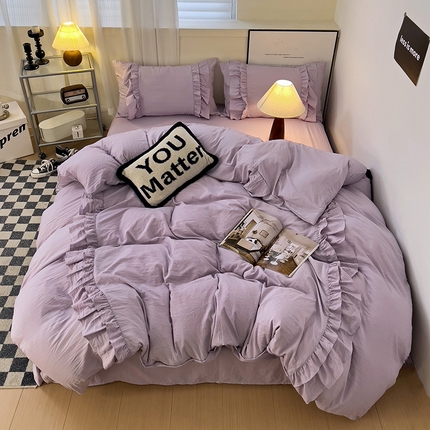 缦绣阁家纺  2025新款韩版花边水洗磨毛花边四件套床单款床笠款床裙款公主风四件套跨境外贸可定制 浅紫