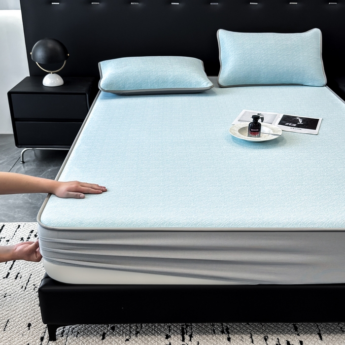 91家纺网 家纺一手货源 找家纺 九花鹿 2025新款凉感肌理纹冰丝席-床笠款 床笠款-肌理纹(天空蓝）