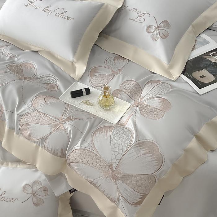 91家纺网 家纺一手货源 找家纺 【直播爆款】A类全棉四件套纯棉轻奢重工刺绣床单床笠夏季床单床笠床上用品 绮梦-烟灰