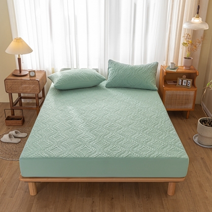 91家纺网 家纺一手货源 找家纺 （总）缦绣阁家纺 2025新款简约纯色水洗棉防水夹棉床笠三件套立体压花床垫保护套跨镜外贸可定制