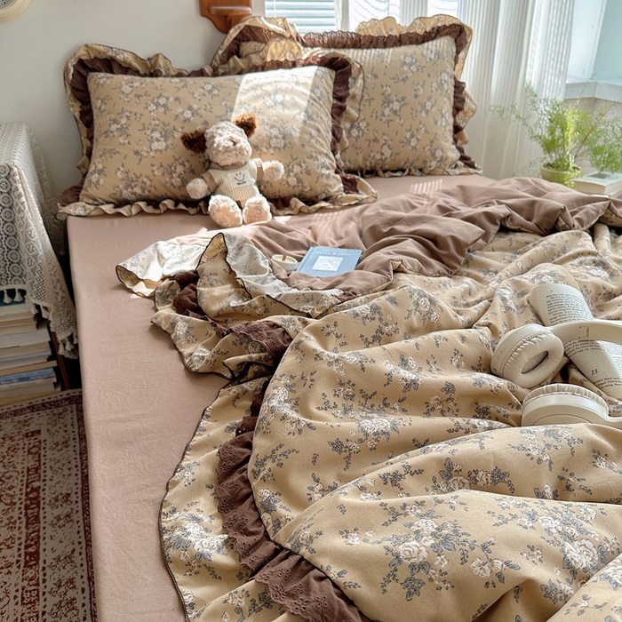 91家纺网 家纺一手货源 找家纺 轻奢坊 2025新款复古风双层纱水洗棉夏被四件套 夏被-莫奈