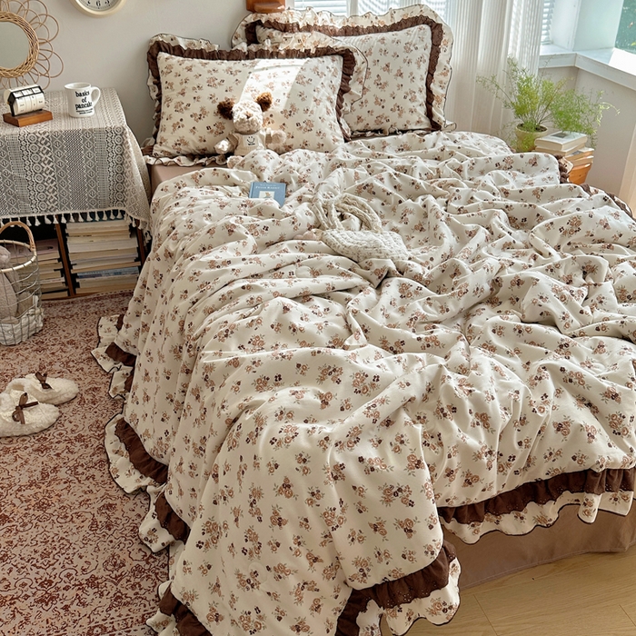 91家纺网 家纺一手货源 找家纺 轻奢坊 2025新款复古风双层纱水洗棉夏被四件套 夏被-木槿